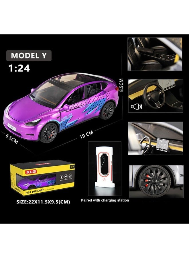 Taizz Ventures 1:24 Scale Diecast Car Tesla Model 3, Roadster, Alloy Pull Back Toy Vehicle with Lights and Sound, Opening Doors, Charging Pile for Model Y – Collectible Model and Gift for Kids and Adults, Purple - Image 5