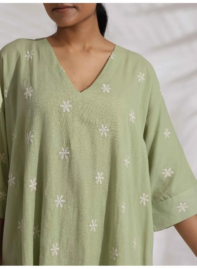 ترو برونز trueBrowns Green Cotton Floral Embroidered Kurta Co-ord Set