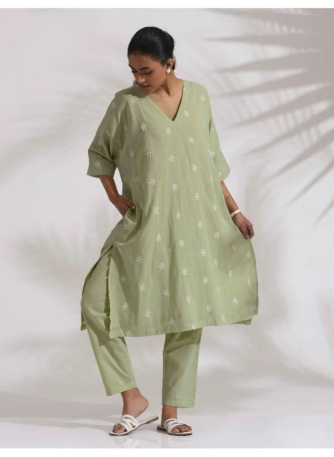 trueBrowns Green Cotton Floral Embroidered Kurta Co-ord Set