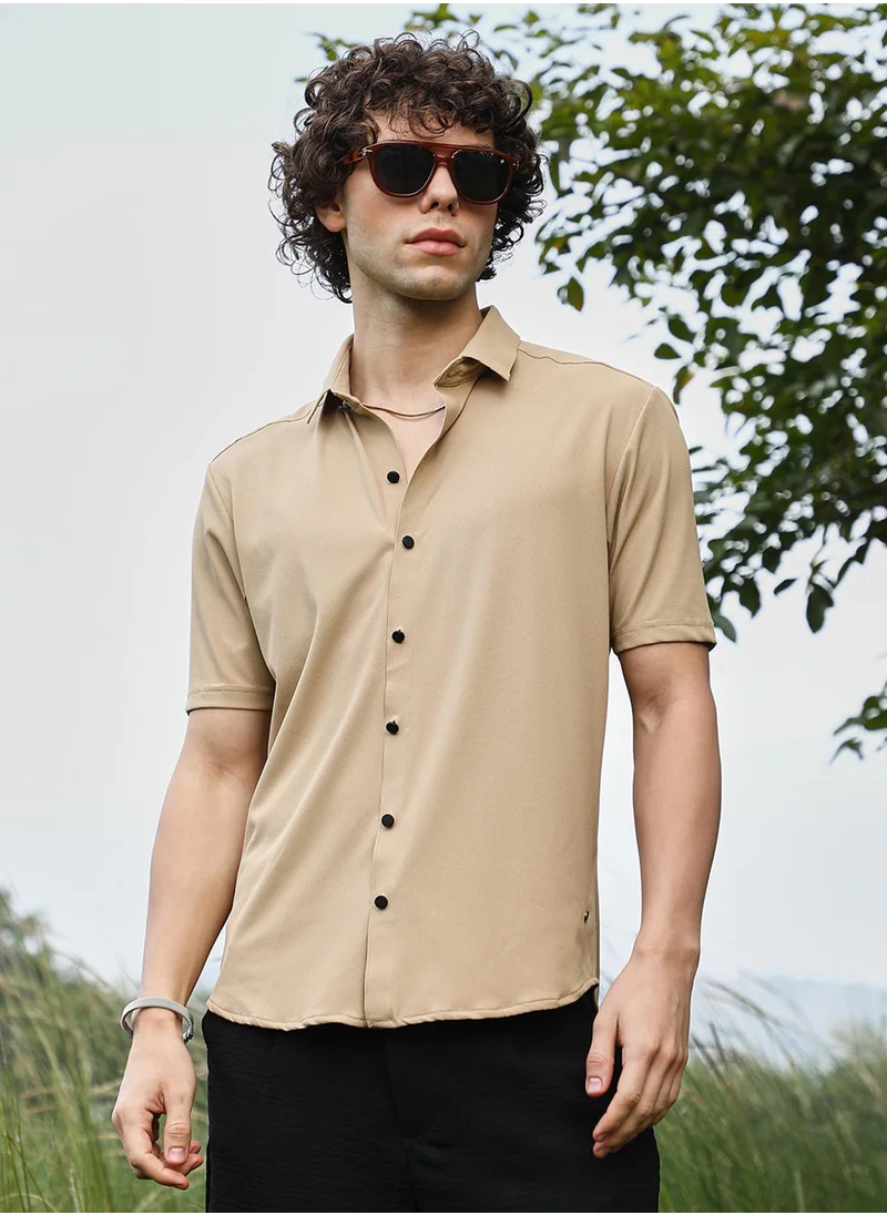 Campus Sutra Men's Buff Beige Solid Knit Shirt