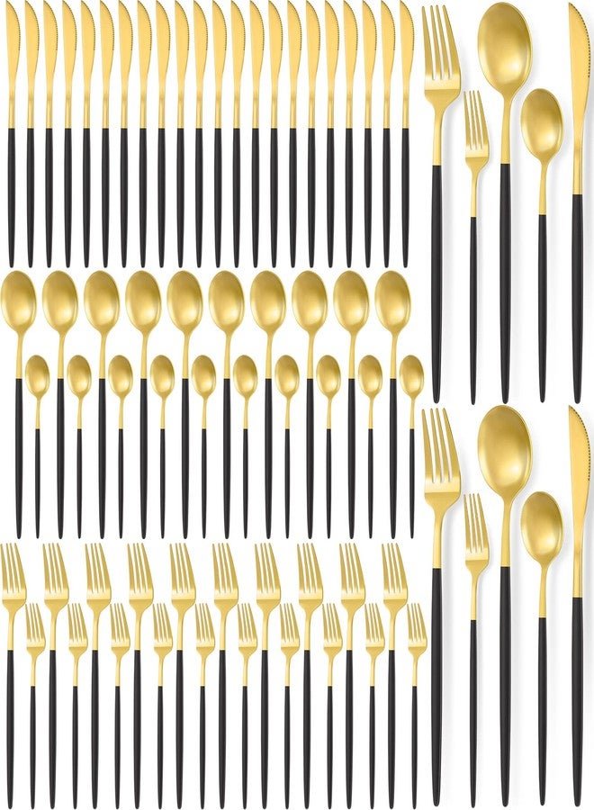 Lanties 60 Pieces Stainless Steel Tableware Set Silverware Set Flatware Cutlery Utensils Spoon Fork Knives Service for 12 for Home Restaurant Apartment and Kitchens(Black Gold) - Image 1