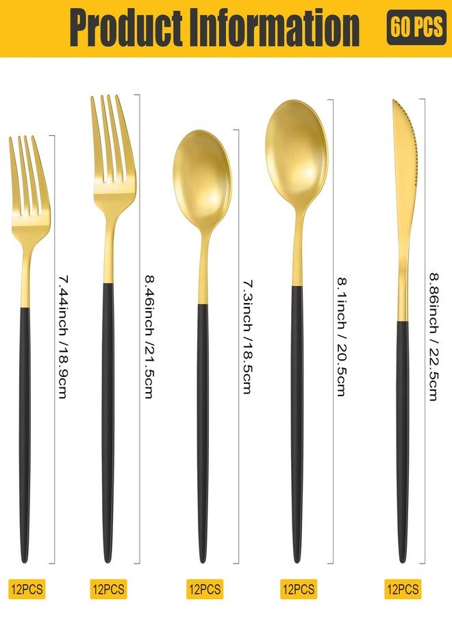 Lanties 60 Pieces Stainless Steel Tableware Set Silverware Set Flatware Cutlery Utensils Spoon Fork Knives Service for 12 for Home Restaurant Apartment and Kitchens(Black Gold) - Image 3