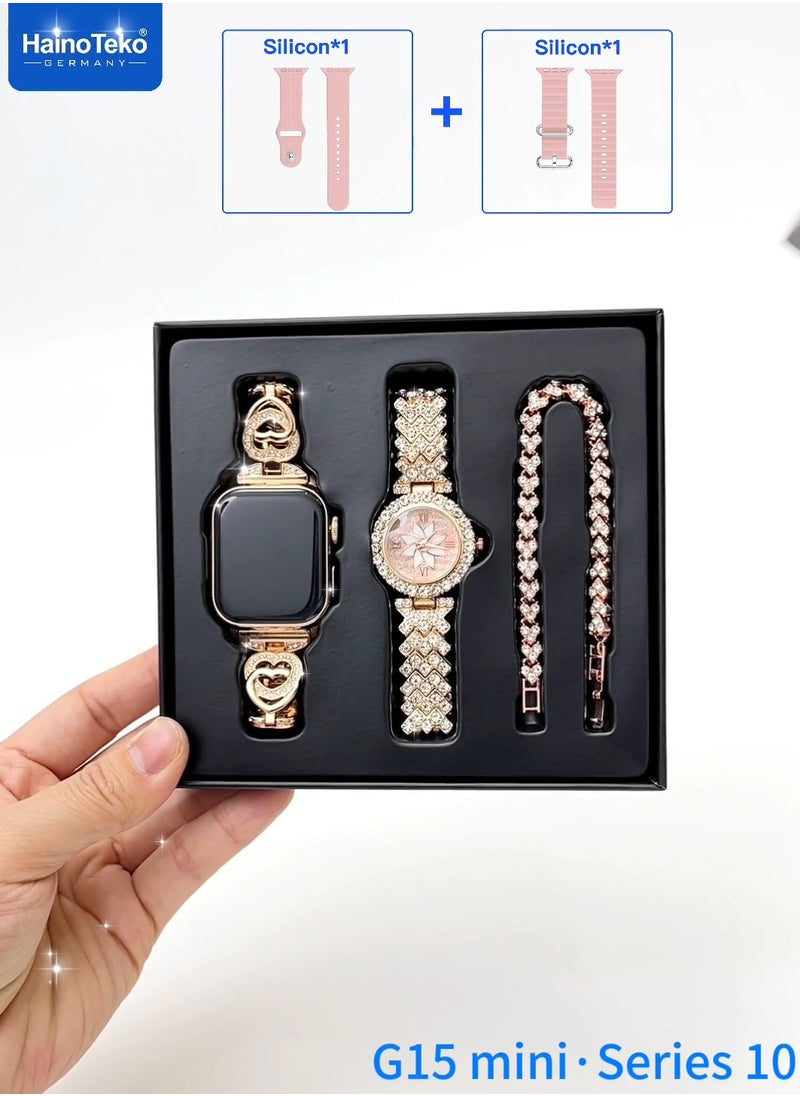 Haino Teko G15 Mini Smart Watch Series 10 Stylish Combo with Analog Watch and Bracelet With 3 Pair Straps and Charging Cable Designed for Women