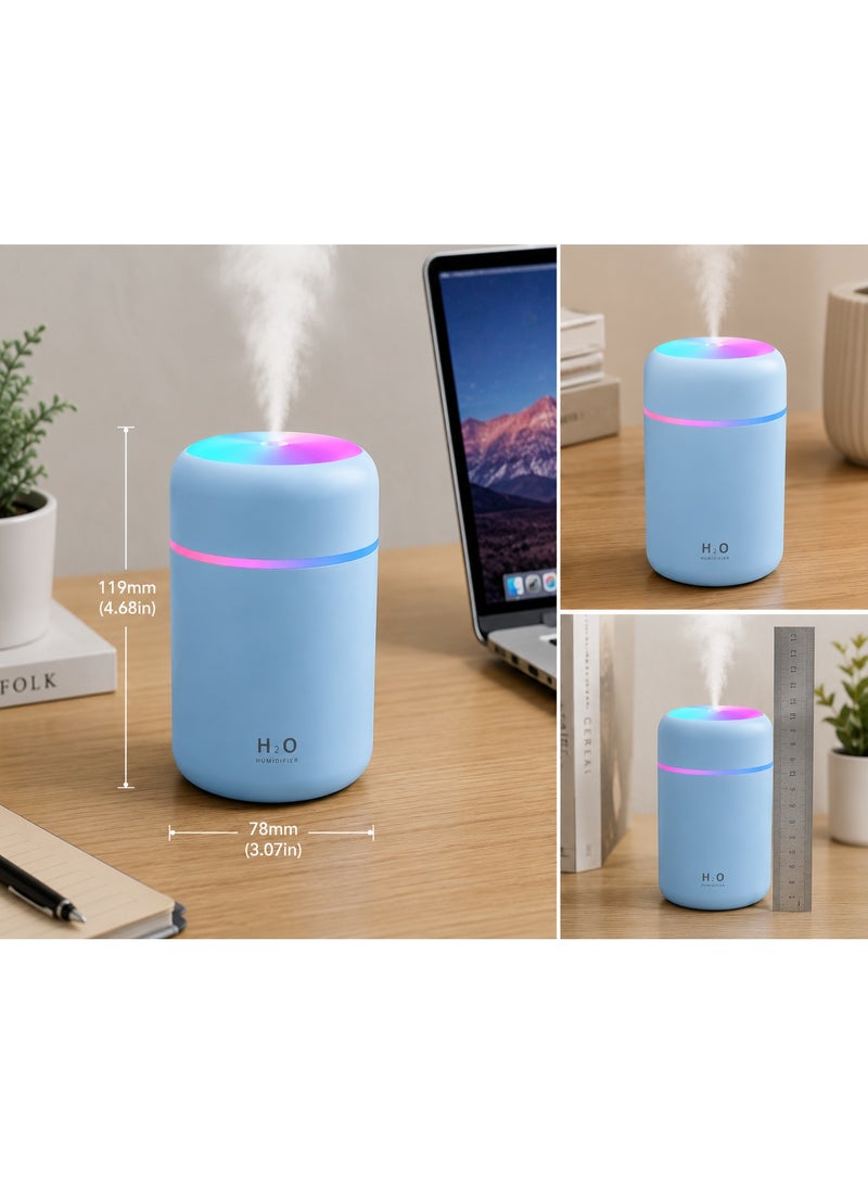 اتش 2 او فواحة زيوت عطرية USB سعة 300 مل لون أزرق مع إضاءة LED ملونة ورذاذ نانوي – قطعة واحدة - Image 3