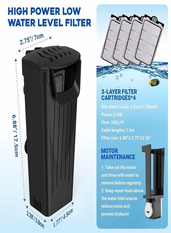 GOZILLA Turtle Tank Filter 74GPH, Low Water Level Turtle Tank 3.5W Fish Tank Aquarium Filters for Small Tanks up to 15 Gallons Include 4 Replacement Cartridges.(Black) - Image 2