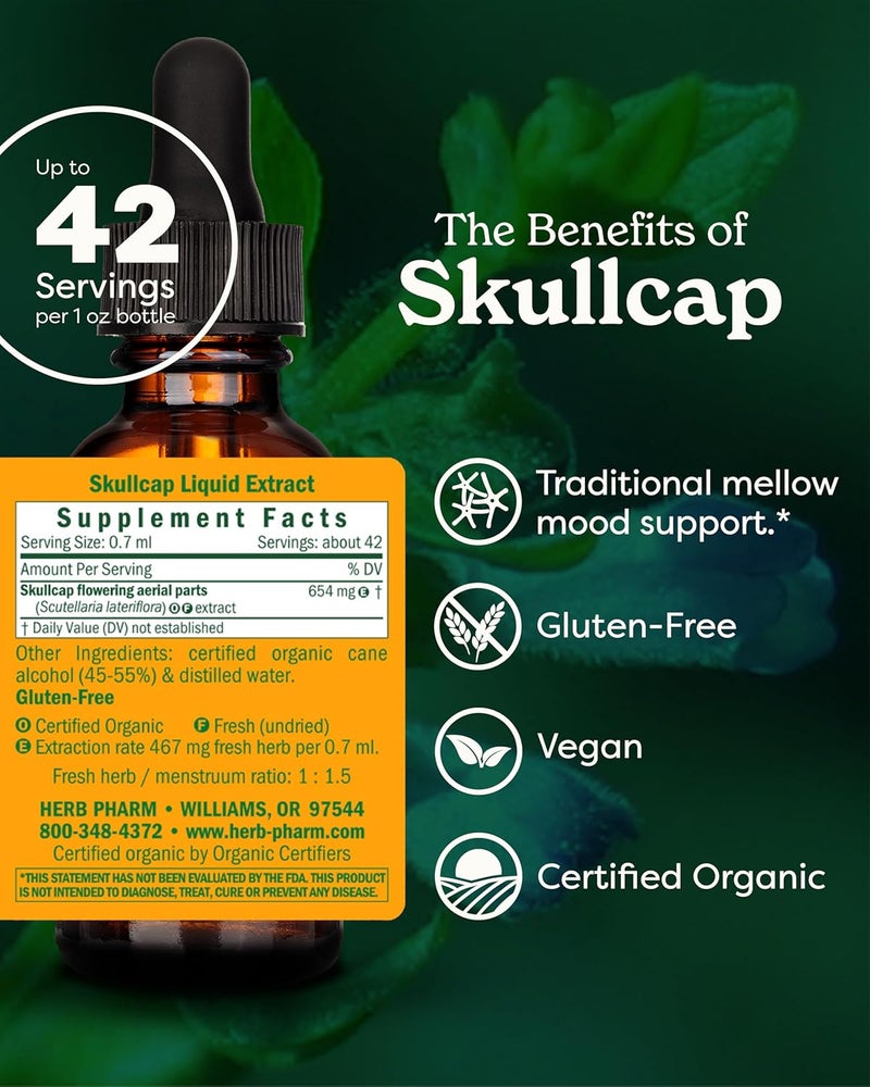 Herb Pharm Certified Organic Skullcap Liquid Extract for Nervous System Support Organic Cane Alcohol 1 Ounce - Image 2