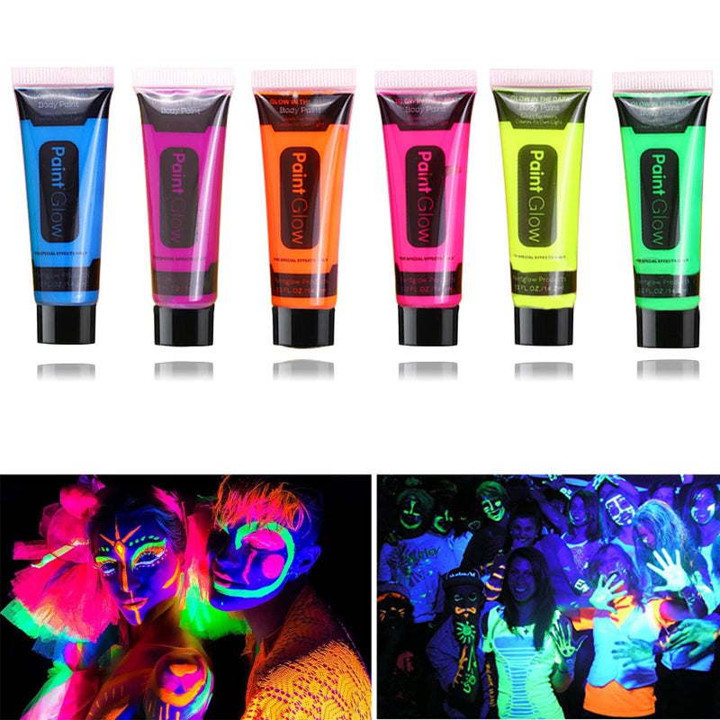 Fusang Glow in the Dark Face Body PaintWashable Neon Face Body PaintBlack Light Face Makeup for Party Halloween Christmas Cosplay Masquerade Etc 048oz Set of 6 Tubes6 colors