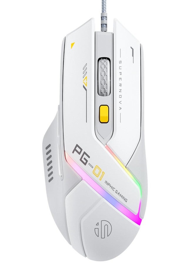INPHIC PG1 Wired Computer Gaming Mouse Ergonomic, 12800 DPI High-Precision, 6 Programmable Buttons, RGB Backlit for Gaming - White Gray - Image 1