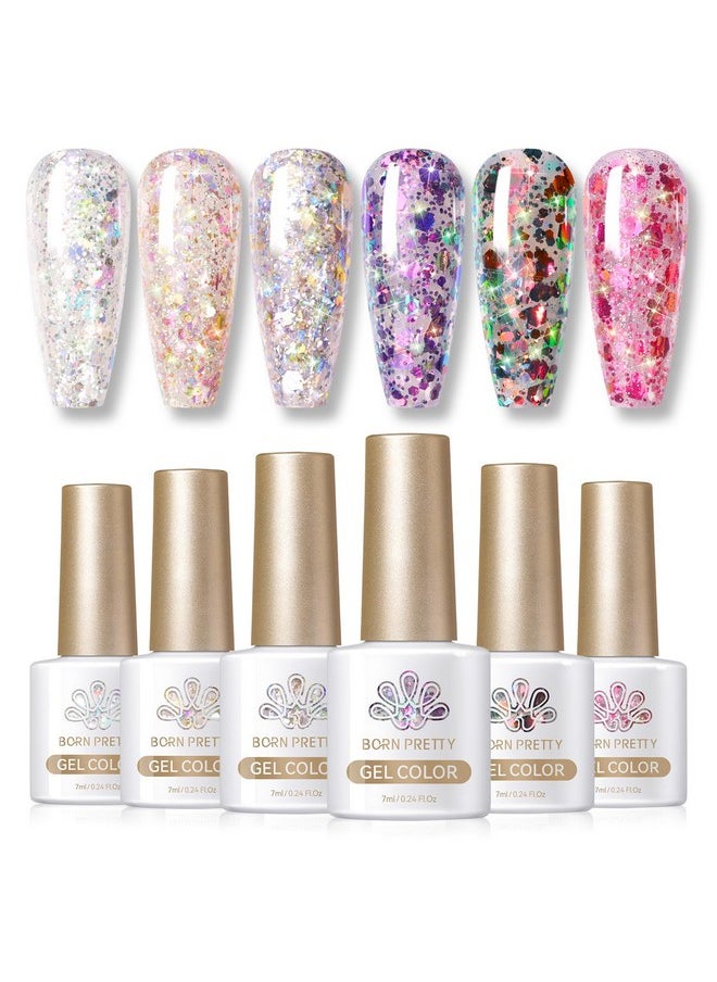 بورن بريتي - طلاء أظافر جل لامع من Born Pretty Glitter Sequins بلون وردي لامع لامع، مجموعة طلاء أظافر جل مقاوم للأشعة فوق البنفسجية، مجموعة طلاء أظافر مانيكير، 7 مل، 6 قطع - Image 1