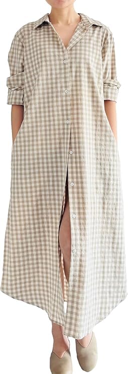 Minibee Womens Plaid Shirts Dress Button Down Long Sleeve Cotton Casual Blouses Dresses with Pockets Khaki M