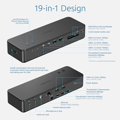 Kensington EQ Pro Thunderbolt™ 5 Dock Designed for MacBook, Optimized for M-Series Pro/Max Models, 140W PD, 80Gbps Data Transfer, Built-in and Lockable PCle M.2 SSD Slot for Quick Storage K33612NA - Image 4