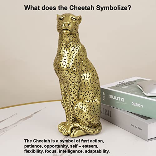 POLYDUKE Modern Polyresin 11" H Gold Cheetah Figurine Sitting Home Decor Realistic Antique Classical Leopard Resin Animal Ornament Statues Living Room Decor Ornament Figures - Image 3