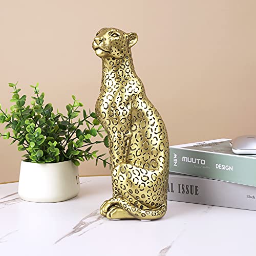 POLYDUKE Modern Polyresin 11" H Gold Cheetah Figurine Sitting Home Decor Realistic Antique Classical Leopard Resin Animal Ornament Statues Living Room Decor Ornament Figures - Image 4
