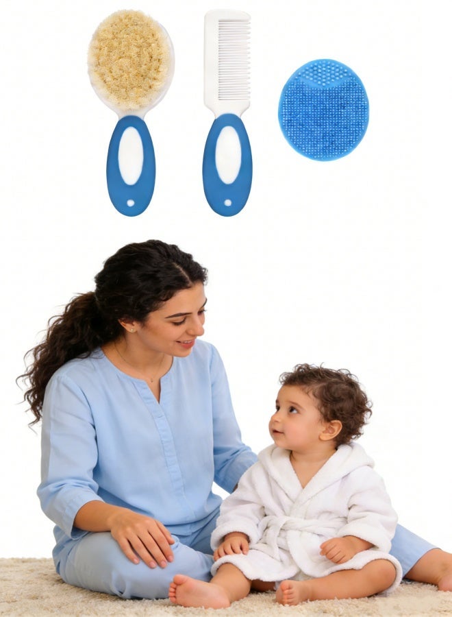 Baby Hair Brush and Comb Set for Newborns & Toddlers | Natural Soft Goat Bristles | Ideal for Cradle Cap | Perfect Baby Registry Gift (Blue) - Image 1