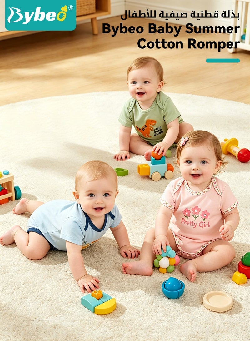 Bybeo 3PCS Short Sleeve Baby Bodysuits, Baby Onesie Set, Summer Cotton Printed Rompers for Newborn Boys Girls, Soft Breathable Infant Bodysuits with Snap Closure for 3-12 Months - Image 2