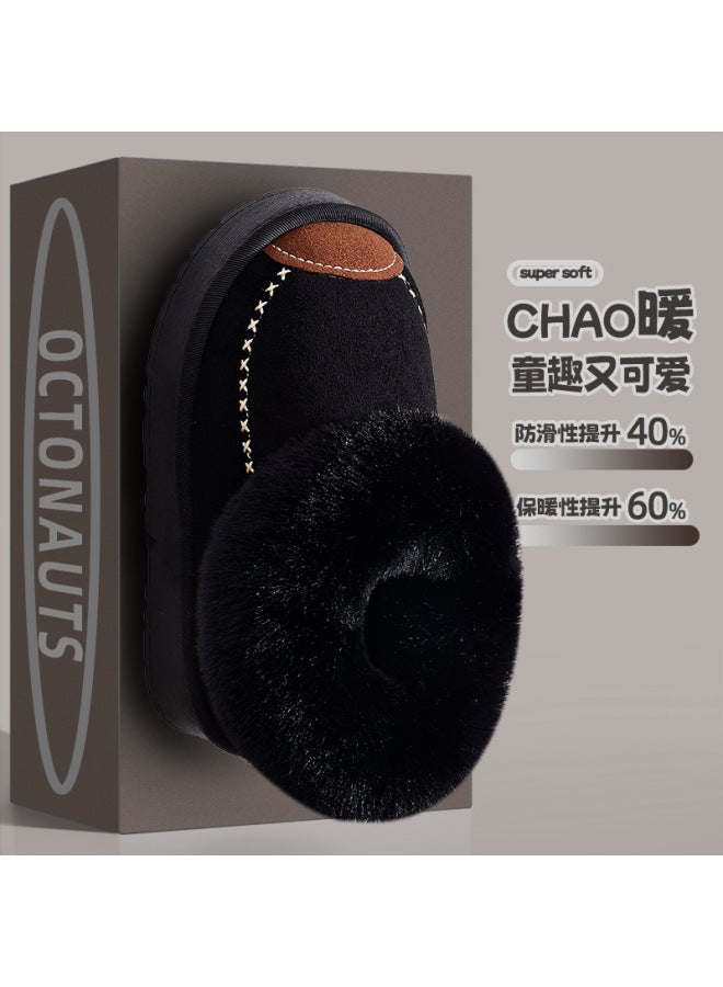 Children's Cotton Slippers Leather Waterproof Soft Non-slip Plus Velvet Thick Parent-child Adult Couple Home Winter Warmth