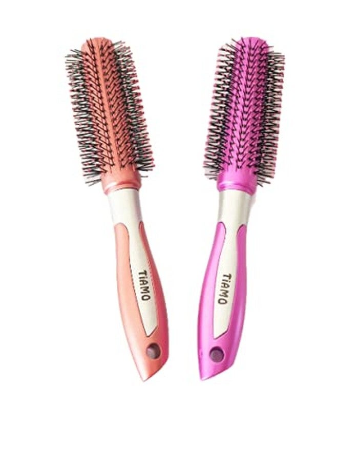 Tiamo Round Plastic Hairbrush set BROWN and PINK for grooming. - Image 2