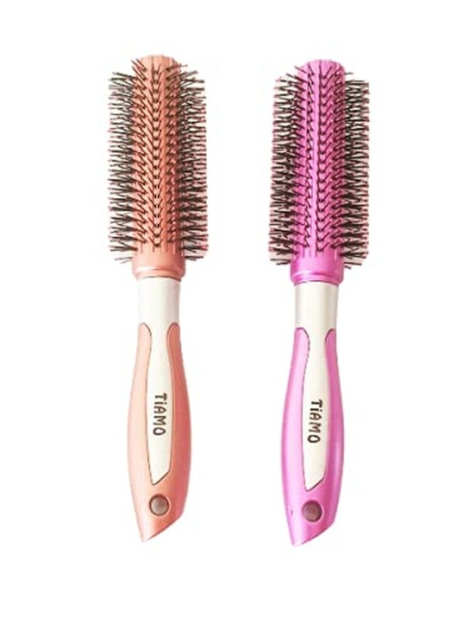 Tiamo Round Plastic Hairbrush set BROWN and PINK for grooming. - Image 1