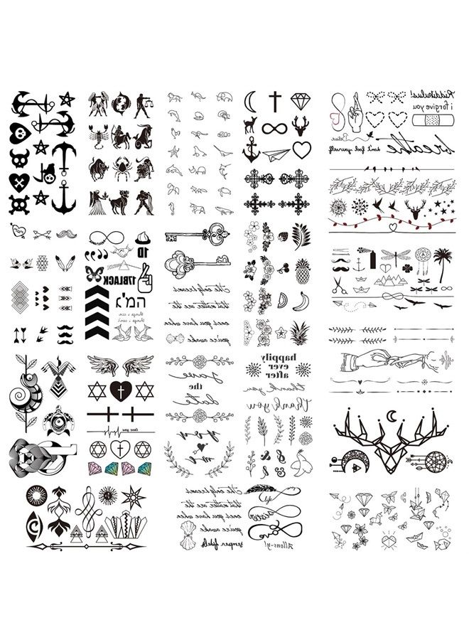 Glaryyears Fake Tiny Temporary Tattoo, 20 Pack Black Sketch Ink Line Small Tattoos Stickers, Various Styles for Fun Party Supplies Vacation on Body Face Hand Wrist