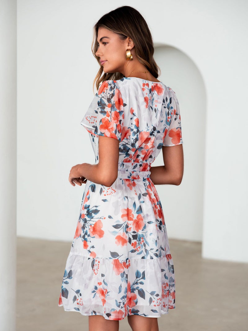 Simplee Women 2026 Floral Summer Short Dress Short Sleeves V Neck Chiffon A-Line Casual Flowy Boho Mini Dresses Ivory Orange Floral S - Image 3