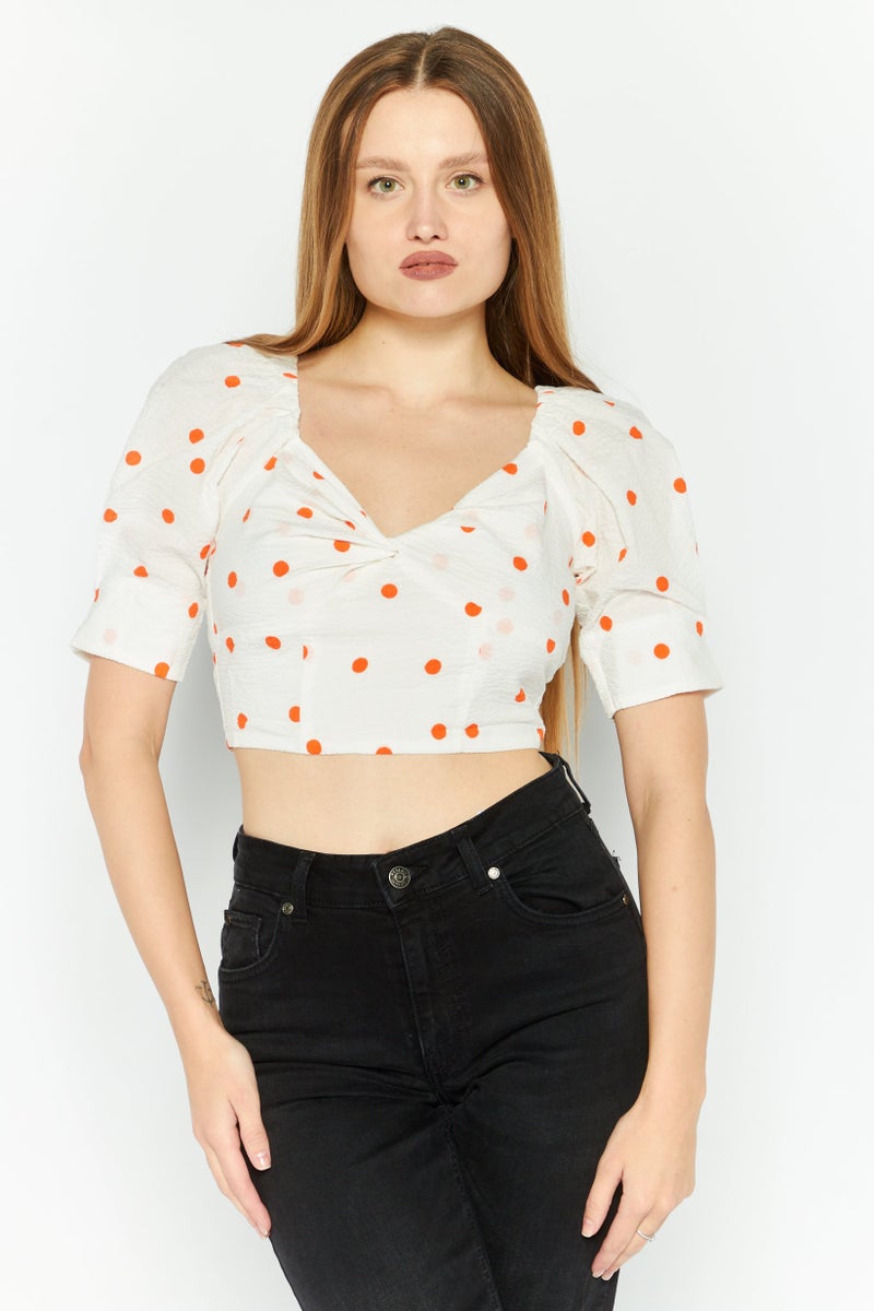 SkyLar Rose Women Queen Anne Neckline Puff Sleeve Polka Dots Top, White - Image 1
