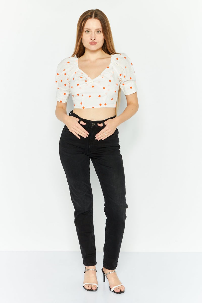SkyLar Rose Women Queen Anne Neckline Puff Sleeve Polka Dots Top, White - Image 2
