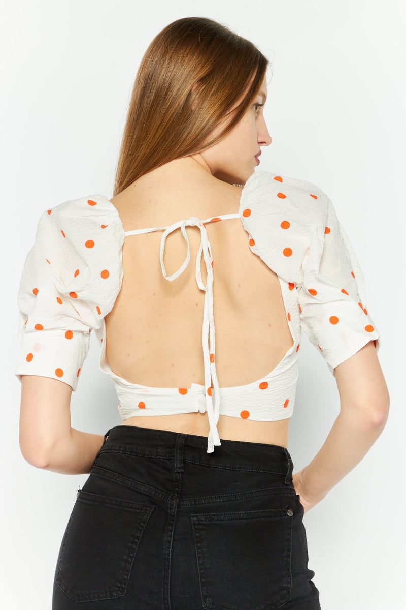 SkyLar Rose Women Queen Anne Neckline Puff Sleeve Polka Dots Top, White - Image 4