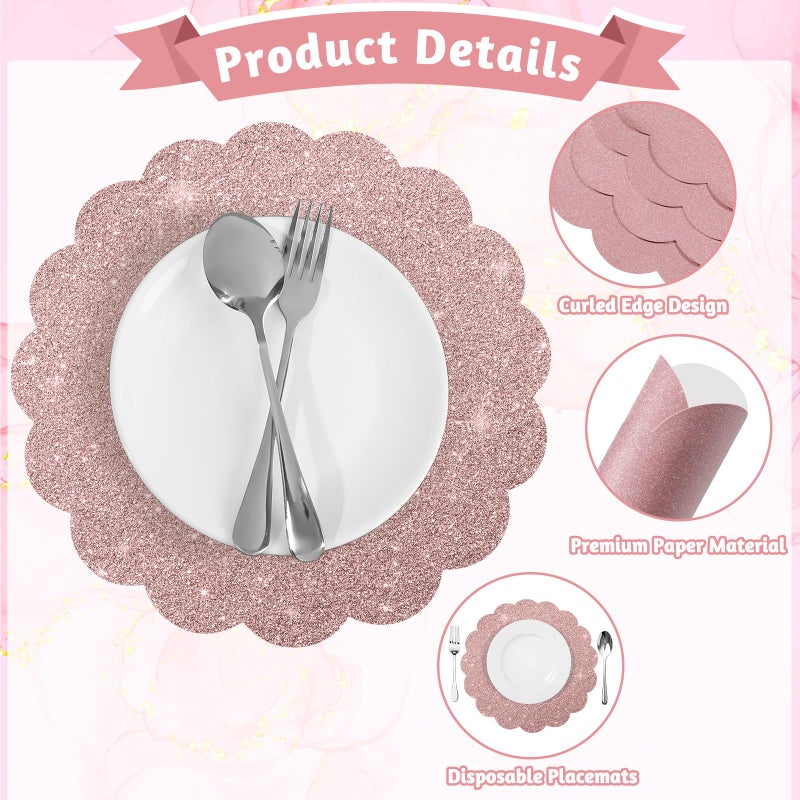 NatNarr 60Pcs Rose Gold Glitter Paper Placemats, 13.5 Inch Disposable Scalloped Placemat Round Sparkle Table Place Mats Decorative Paper for Mother's Day Baby Shower Tea Garden Party Wedding Birthday Banquet - Image 4