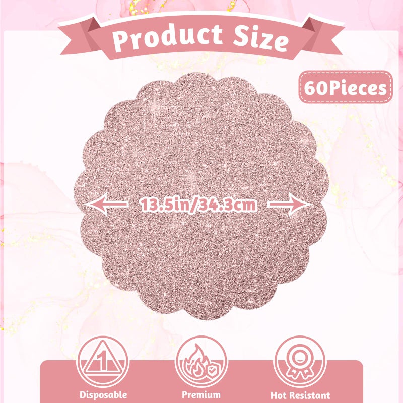 NatNarr 60Pcs Rose Gold Glitter Paper Placemats, 13.5 Inch Disposable Scalloped Placemat Round Sparkle Table Place Mats Decorative Paper for Mother's Day Baby Shower Tea Garden Party Wedding Birthday Banquet - Image 2