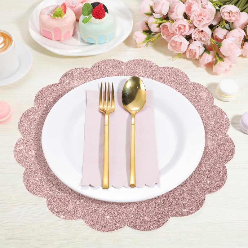 NatNarr 60Pcs Rose Gold Glitter Paper Placemats, 13.5 Inch Disposable Scalloped Placemat Round Sparkle Table Place Mats Decorative Paper for Mother's Day Baby Shower Tea Garden Party Wedding Birthday Banquet - Image 3