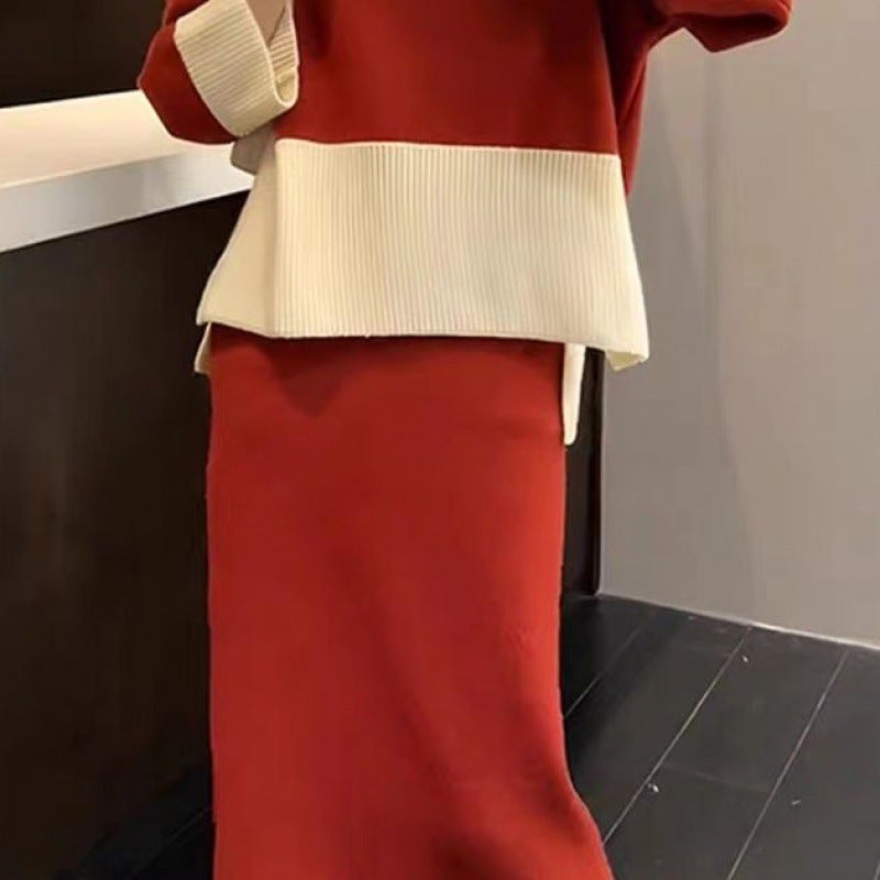 Autumn and winter suit Korean drama leisure feeling fried Street early autumn loose red sweater knitted skirt two-piece set Female Popular Skirt [red]] - Image 1