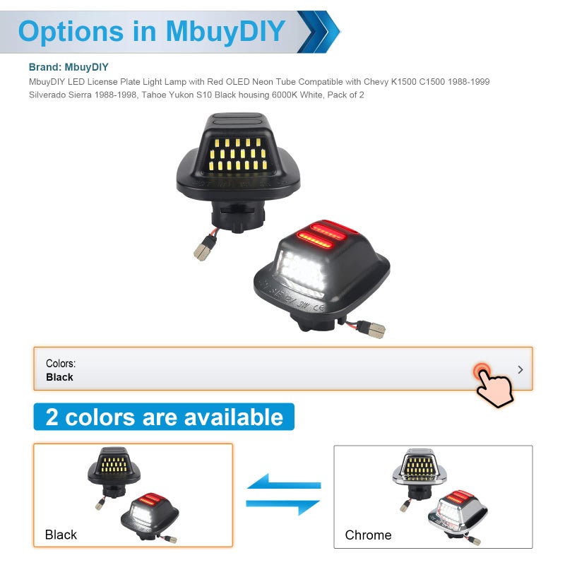 MbuyDIY LED License Plate Light Lamp with Red OLED Neon Tube Compatible with Chevy K1500 C1500 1988-1999, Silverado Sierra 1988-1998, Tahoe Yukon Suburban S10 Black housing 6000K White, Pack of 2 - Image 2