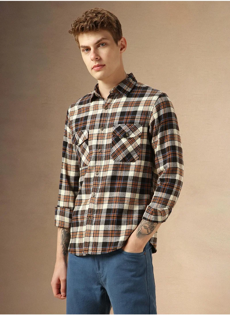 Dennis Lingo Men's Navy 100% Cotton Checkered Relaxed Fit Shirt