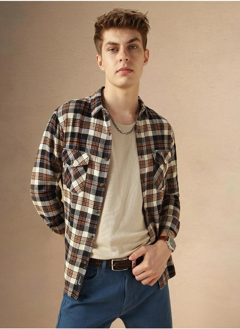 Dennis Lingo Men's Navy 100% Cotton Checkered Relaxed Fit Shirt