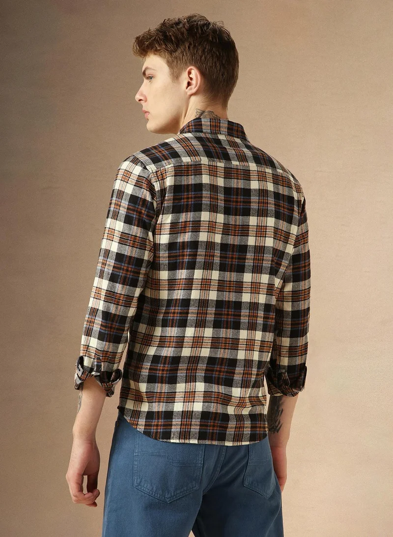 Dennis Lingo Men's Navy 100% Cotton Checkered Relaxed Fit Shirt
