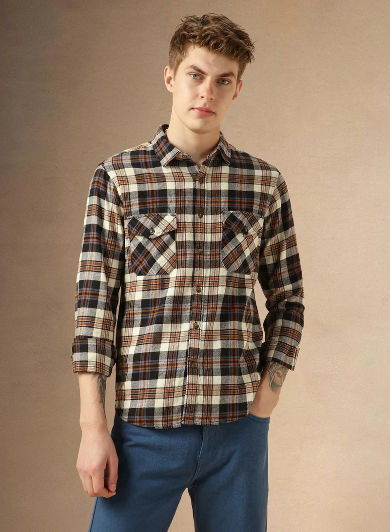 Dennis Lingo Men's Navy 100% Cotton Checkered Relaxed Fit Shirt