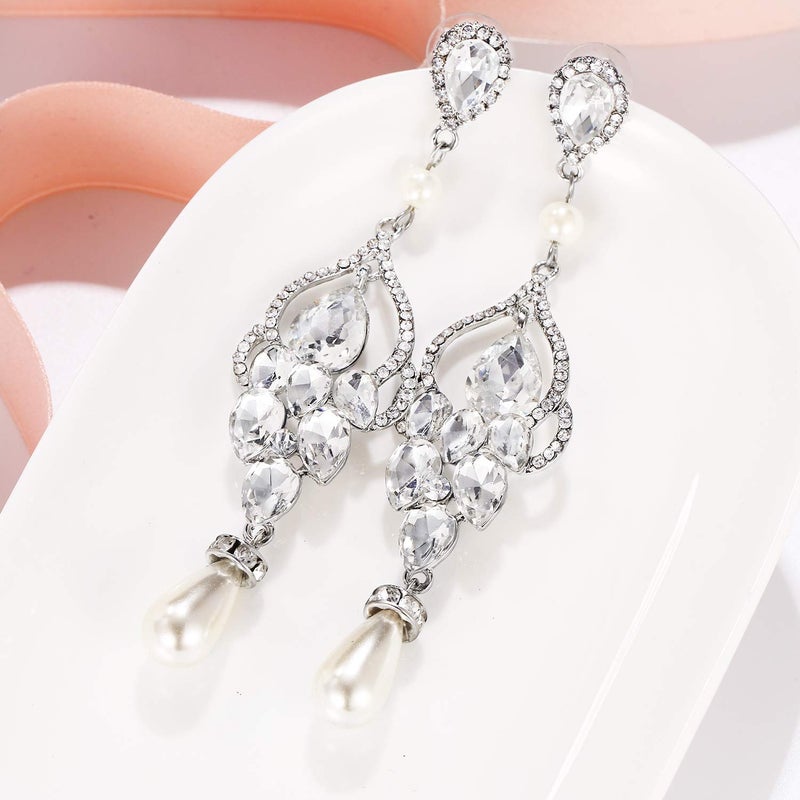 EVER FAITH Women's Crystal Simulated Pearl Bridal Vintage Chandelier Teardrop Earrings Clear Silver-Tone - Image 3