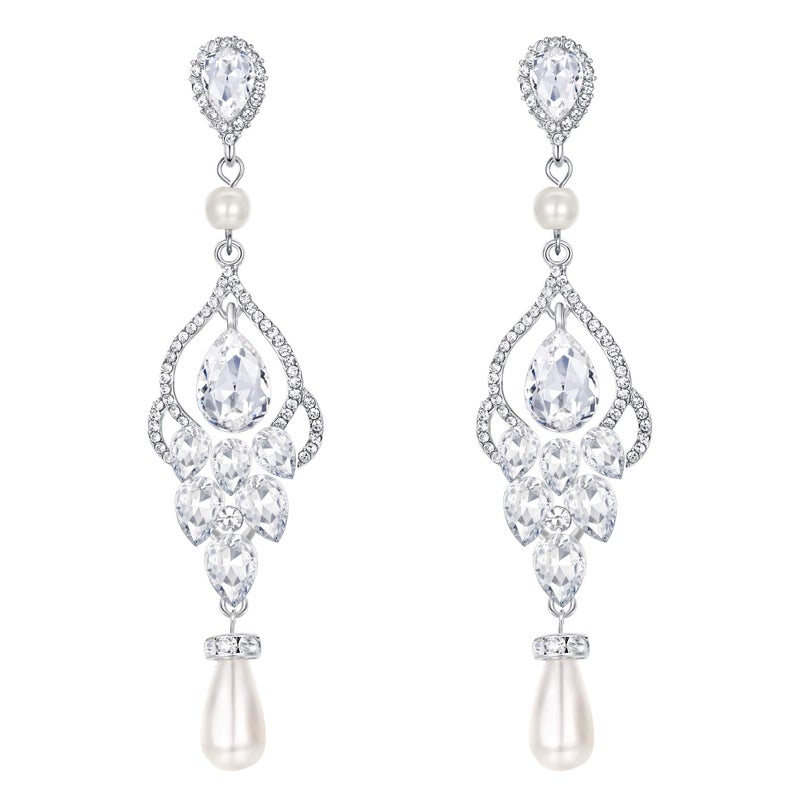 EVER FAITH Women's Crystal Simulated Pearl Bridal Vintage Chandelier Teardrop Earrings Clear Silver-Tone - Image 1