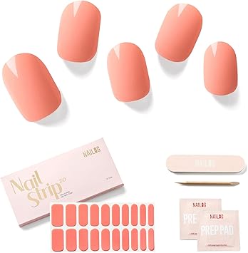 NAILOG Semi Cured Gel Nail Strips 20 Extra Long Nail Stickers Glossy Long Lasting Soft Gel Finish Nail Wrap Coral - Image 1