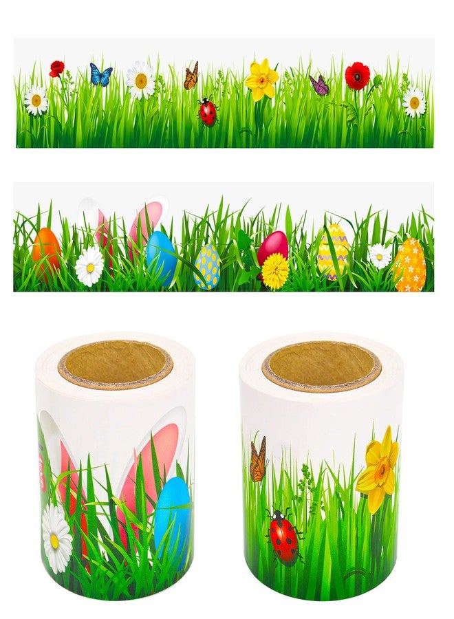Lucleag Spring Bulletin Board Border, 2 Rolls Spring Green Grass Easter Egg Bunny Bulletin Board Border Trim for Springtime Easter School Classroom Office Wall Holiday Decoration, 78.7 ft - Image 1