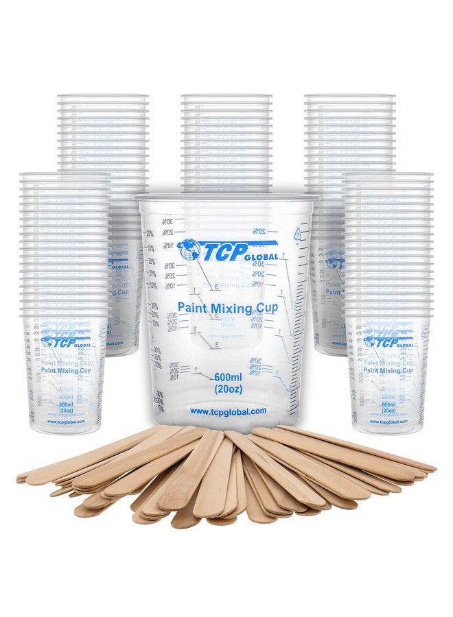 TCP Global TCP Global 20 Ounce (600ml) Disposable Flexible Clear Graduated Plastic Mixing Cups - Box of 100 Cups & 50 Mixing Sticks - Use for Paint, Resin, Epoxy, Art, Kitchen - Measuring Ratios 2-1, 3-1, 4-1 ML  - Image 1