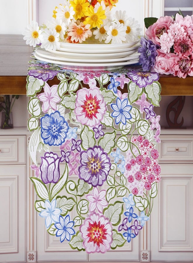 GRANDDECO مفرش طاولة مزهر 13 بوصة × 54 بوصة، وشاح مزين بتطريزات زهور على شكل زهور لتزيين طاولة الطعام في المنزل والمطبخ (مفرش طاولة 13 بوصة × 54 بوصة، زهرة-1) - Image 2
