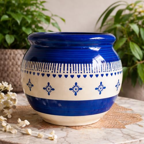 Niyara Designer Ceramic planters pots for Indoor Outdoor Home, Garden Office Decor Balcony Planters Gamla Flower Size- Large, 8 inches (Blue & White Handi) - Image 2