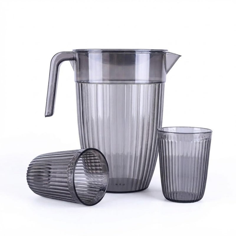 Acrylic Pitcher with Cups Set, BPA-Free, Smoke Grey Ribbed Design | Includes 2 Cups, Ribbed Texture, With Lid, Smoke Grey Colour, Shatter-Resistant - Image 1