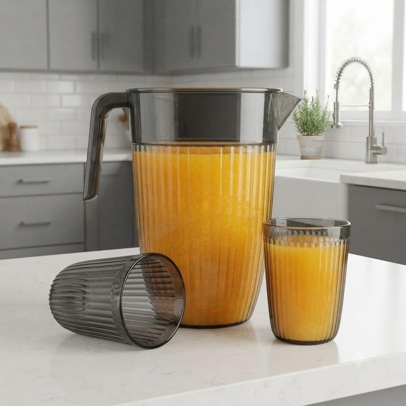 Acrylic Pitcher with Cups Set, BPA-Free, Smoke Grey Ribbed Design | Includes 2 Cups, Ribbed Texture, With Lid, Smoke Grey Colour, Shatter-Resistant - Image 3