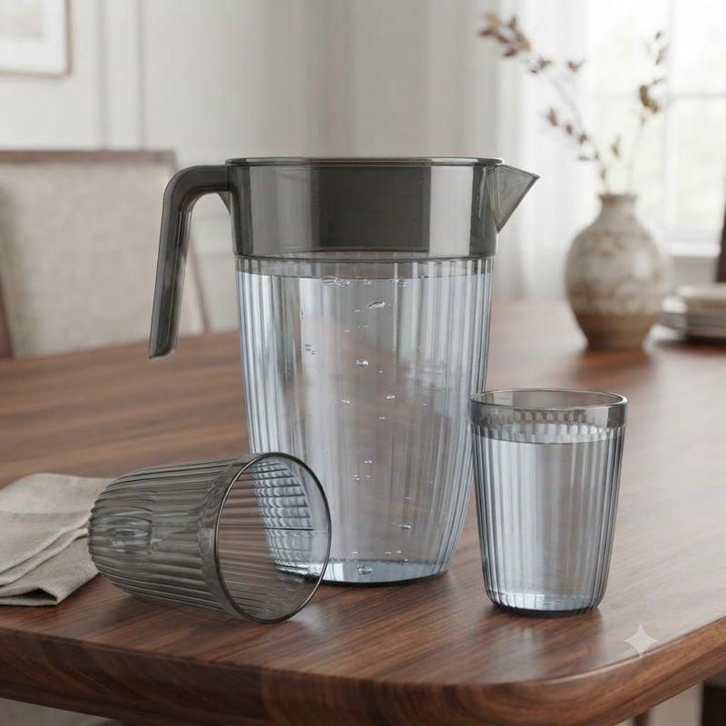 Acrylic Pitcher with Cups Set, BPA-Free, Smoke Grey Ribbed Design | Includes 2 Cups, Ribbed Texture, With Lid, Smoke Grey Colour, Shatter-Resistant - Image 2