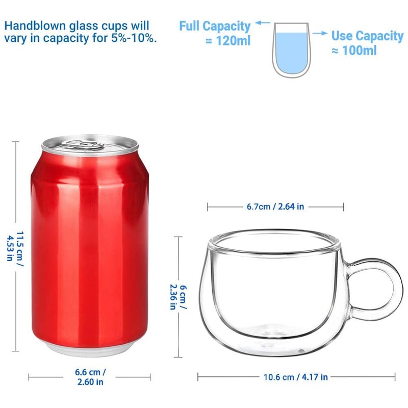 glastal Espresso Cup Set of 4, 4 Oz (full capacity) Double Wall Glasses Espresso Coffee Glass Cups, Small Coffee Glasses Tea Cups with Handle for Iced Americano, Macchiato, Birthday for Mum Dad - Image 2