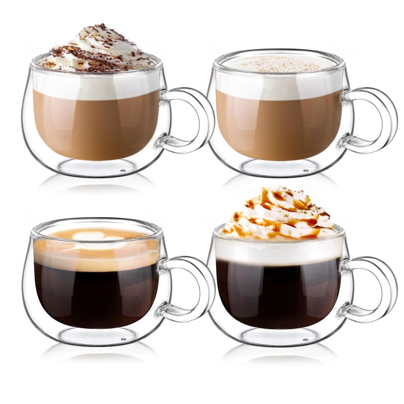 glastal Espresso Cup Set of 4, 4 Oz (full capacity) Double Wall Glasses Espresso Coffee Glass Cups, Small Coffee Glasses Tea Cups with Handle for Iced Americano, Macchiato, Birthday for Mum Dad - Image 1