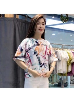 Internet Celebrity Fire Graffiti Short-sleeved T-shirt Women's Summer Korean Loose Women's Short-sleeved Stylike Printed Top T-shirt Trendy