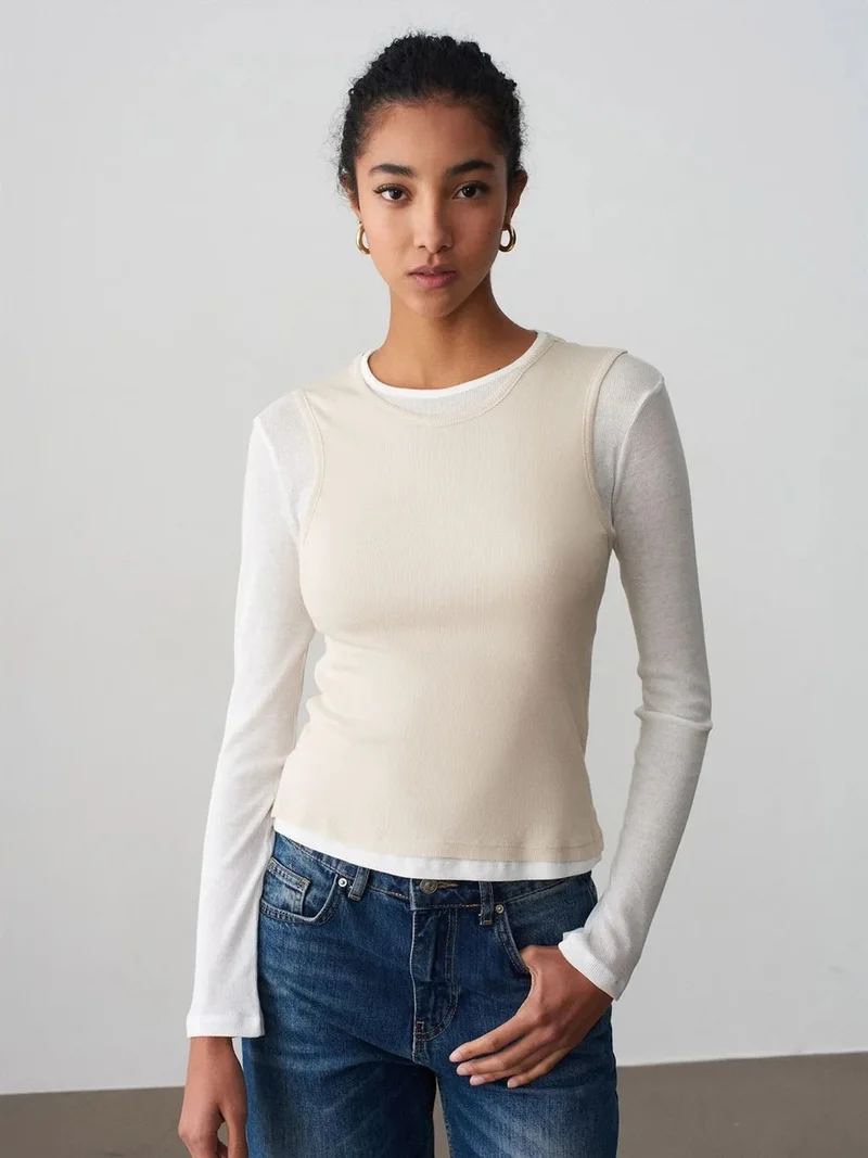 ديلفين DILVIN Fitted Cotton Crew Neck Long Sleeve Blouse